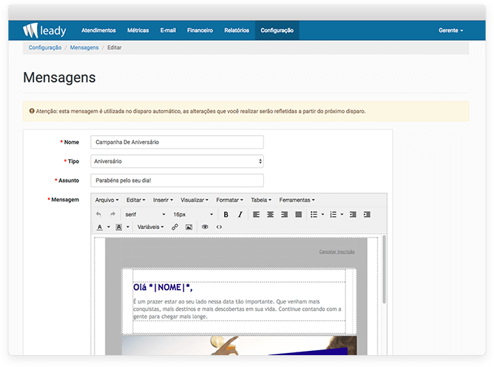 Imagem do email marketing do sistema leady